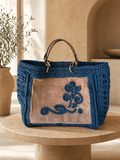 Azure Suede Vine Muse — Blue Crochet Tote with Suede Panel Embroidery - BAGfy