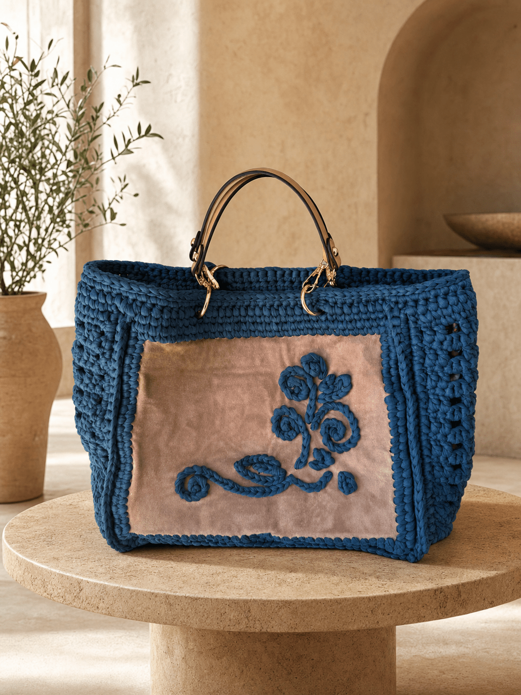Azure Suede Vine Muse — Blue Crochet Tote with Suede Panel Embroidery - BAGfy