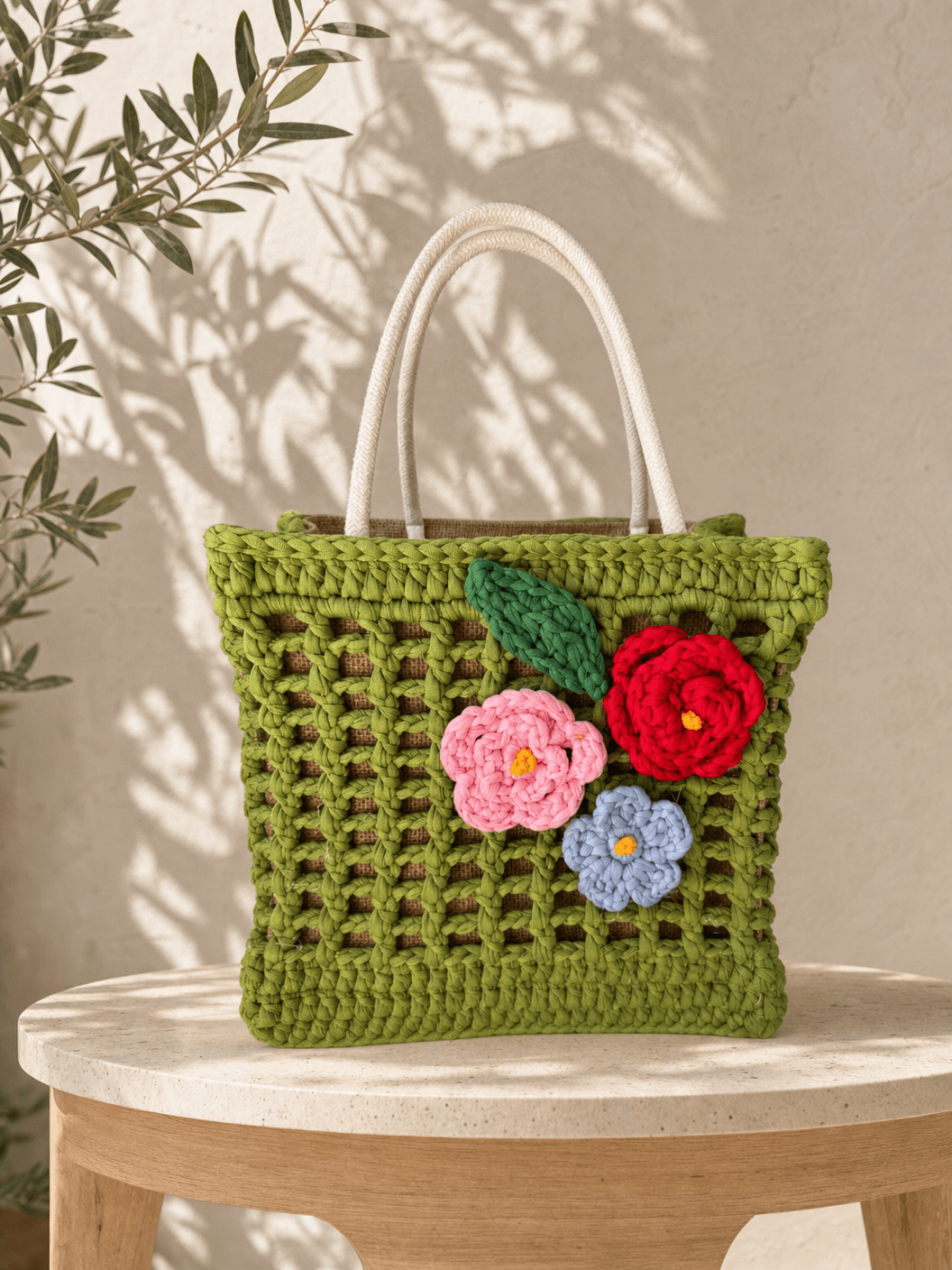 Botanical Garden Muse — Green Crochet Tote with Applied Flowers - BAGfy