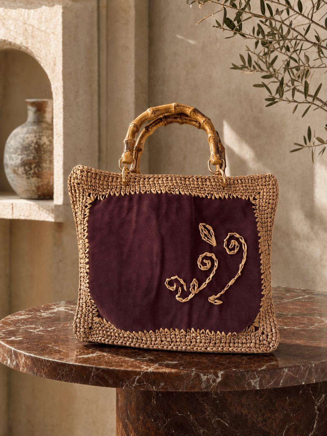 Burgundy Suede Bamboo Muse — Brown Crochet Tote with Burgundy Suede Panel - BAGfy