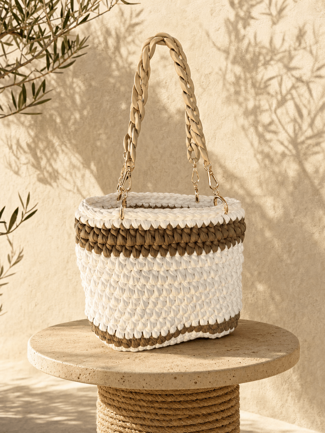 Cream Caramel Chain Muse — Cream Crochet Bag with Textile Chain - BAGfy