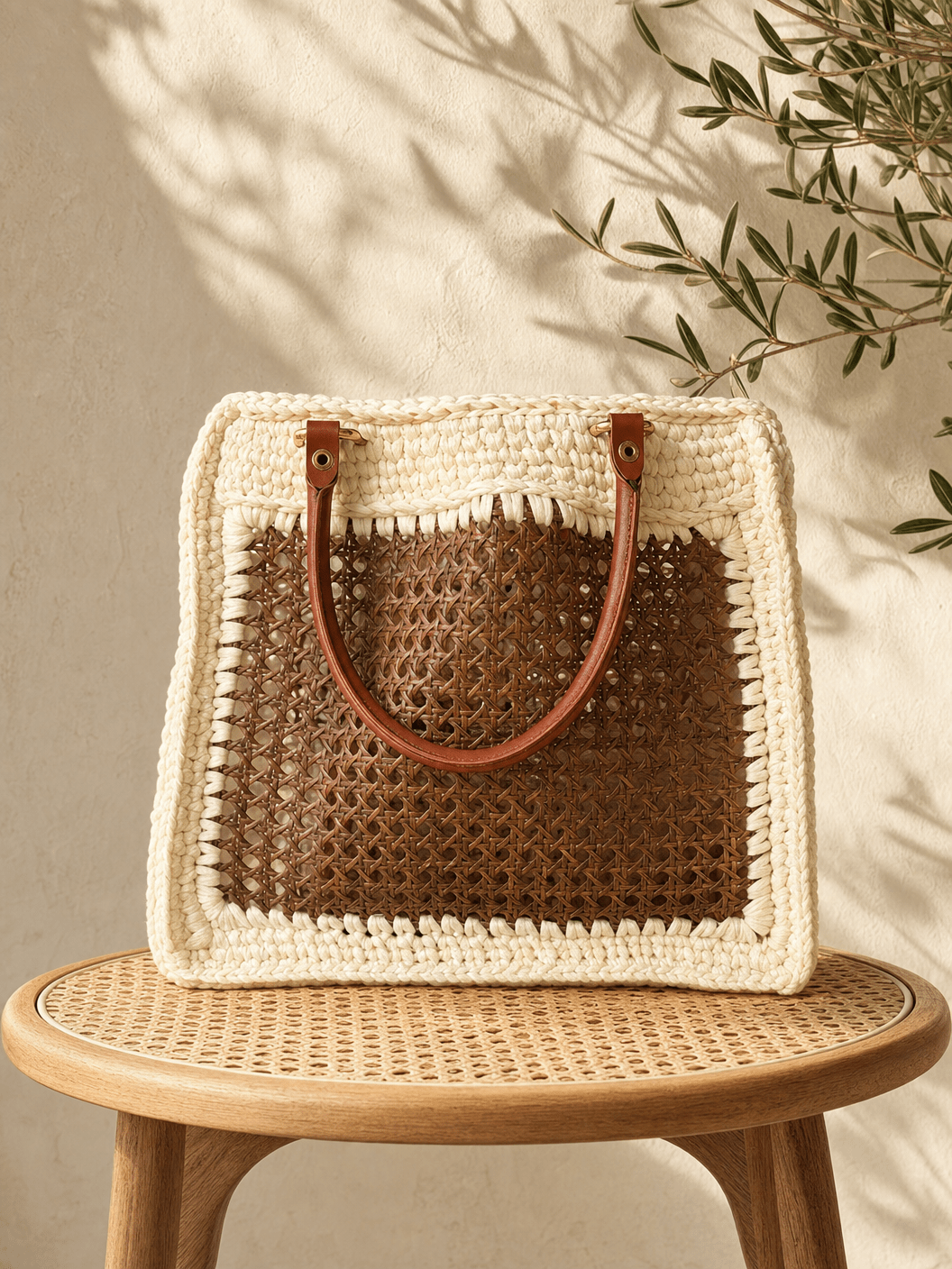 Cream Rattan Tote MuseCream Crochet Tote with Cane Panel by BAGfy, handmade in Italy