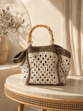 Cream and taupe crochet tote bag with bamboo handles by BAGfy