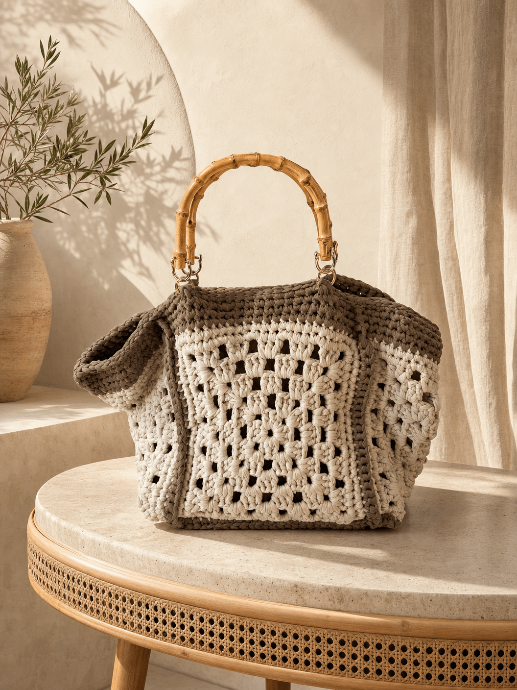 Cream and taupe crochet tote bag with bamboo handles by BAGfy