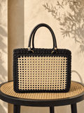 Noir Rattan Muse — Black Crochet Tote with Natural Panel - BAGfy
