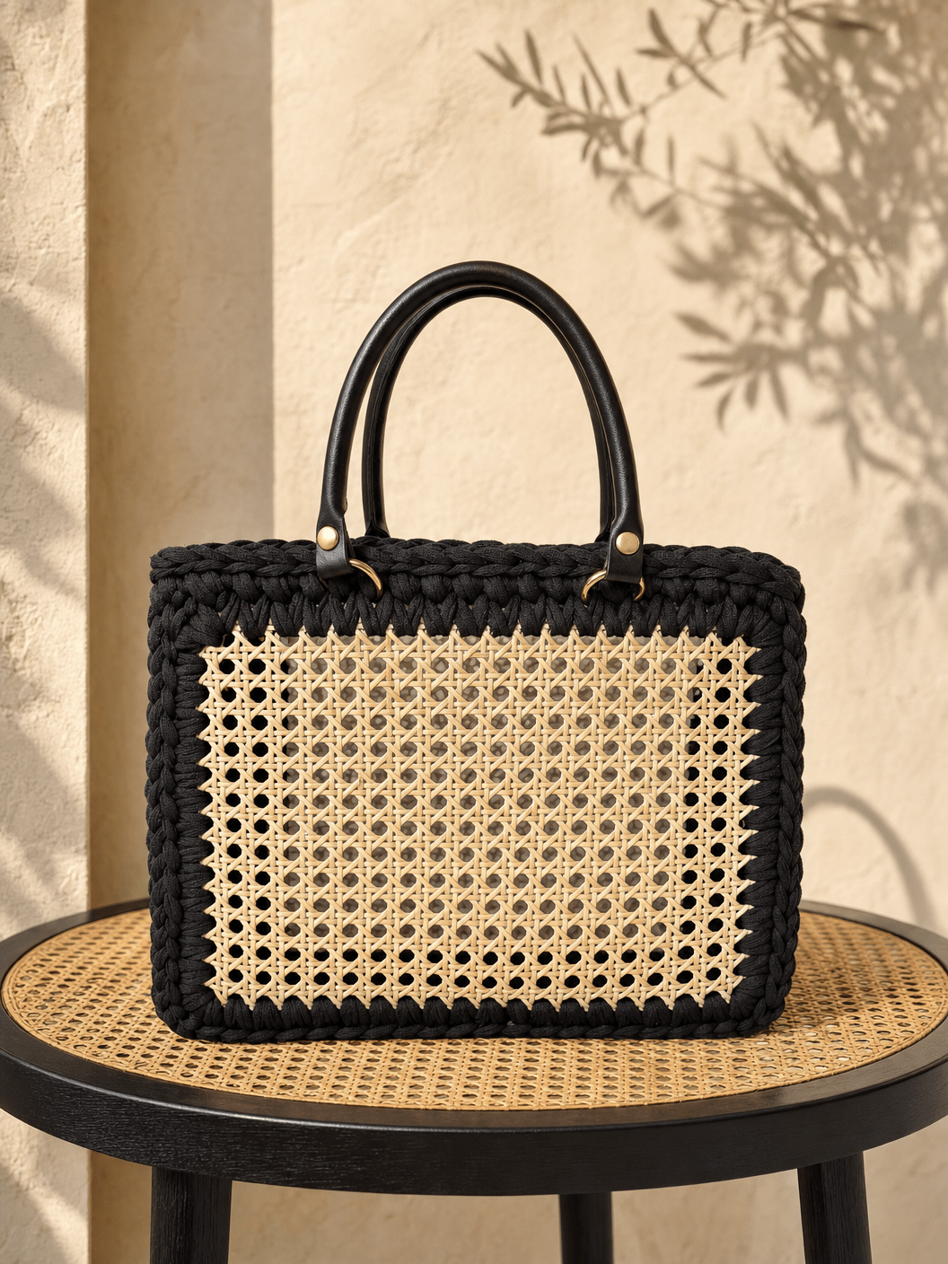 Noir Rattan Muse — Black Crochet Tote with Natural Panel - BAGfy