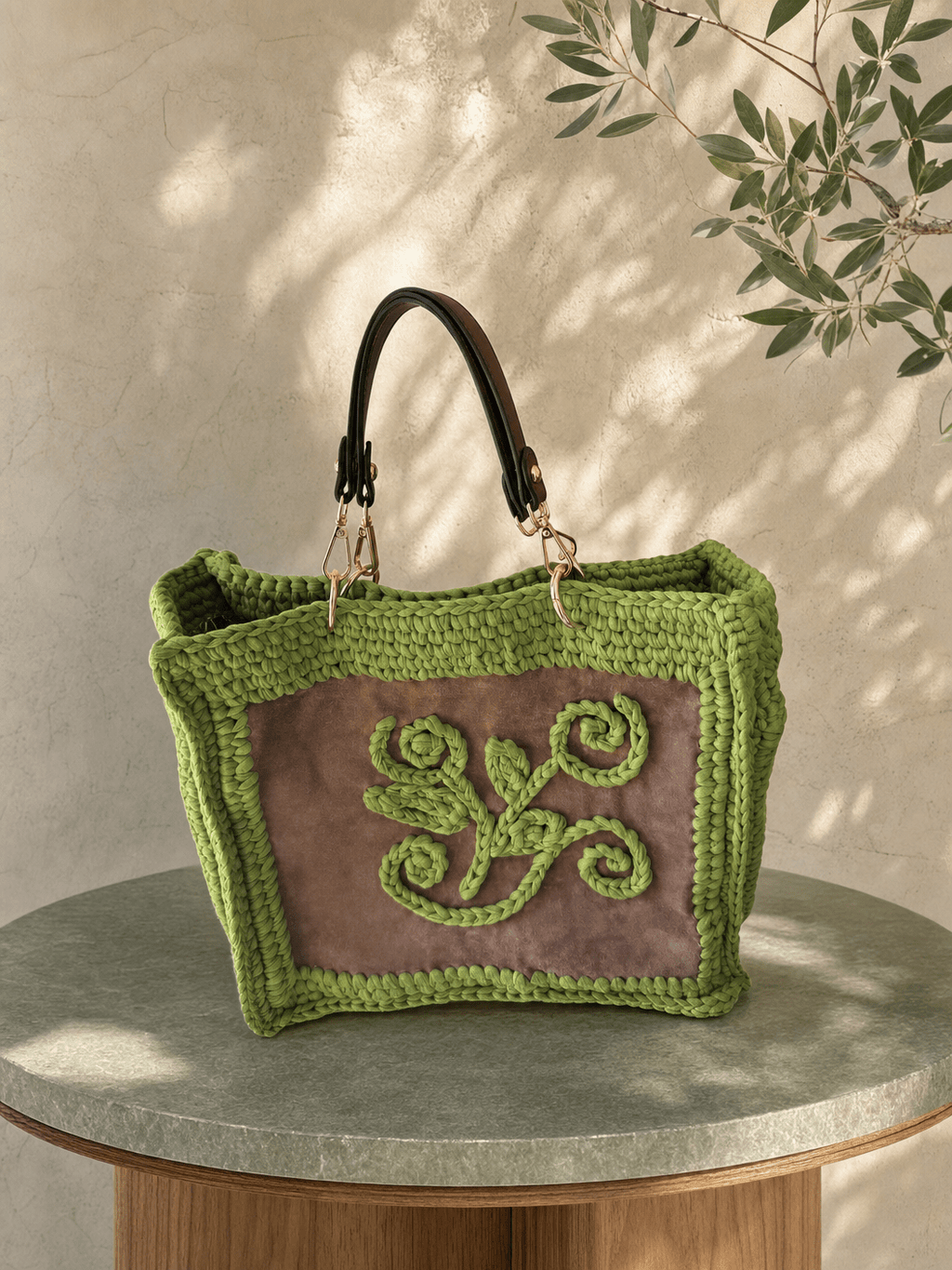 Olive Suede Vine Muse — Green Crochet Tote with Botanical Embroidery - BAGfy
