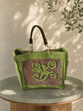 Olive Suede Vine Muse — Green Crochet Tote with Botanical Embroidery - BAGfy