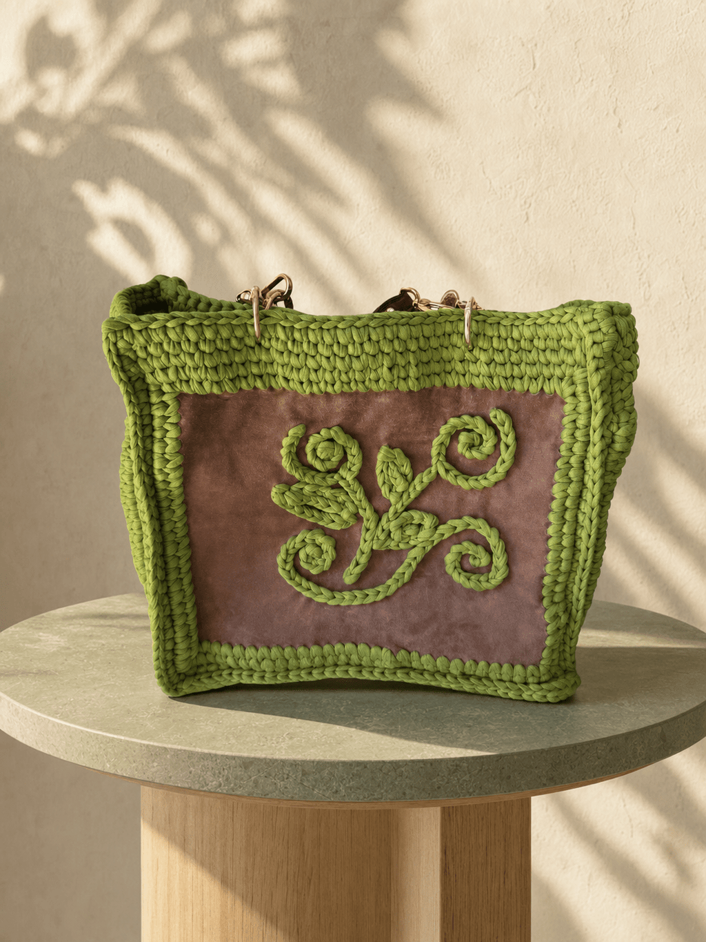 Olive Suede Vine Muse — Green Crochet Tote with Botanical Embroidery - BAGfy