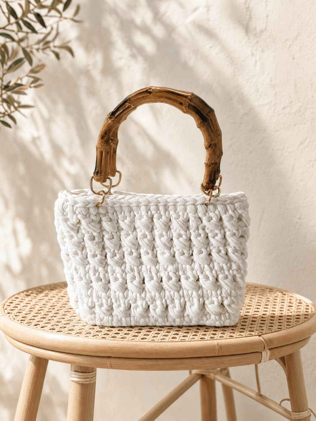 Pearl Bamboo Muse — White Crochet Mini Bag with Bamboo Handle - BAGfy