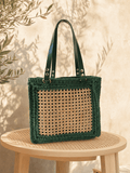 Rattan Green Muse — Green Crochet Tote with Rattan Panel - BAGfy