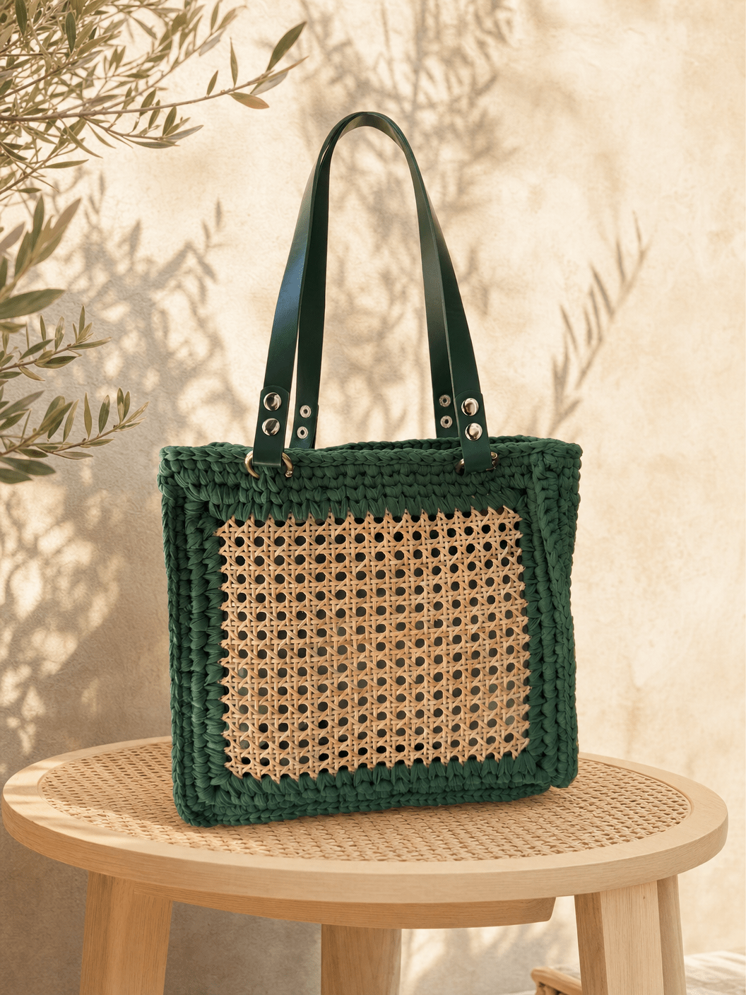 Rattan Green Muse — Green Crochet Tote with Rattan Panel - BAGfy