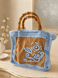 Sky Suede Bamboo Muse — Sky Blue Crochet Tote with Camel Suede Panel - BAGfy