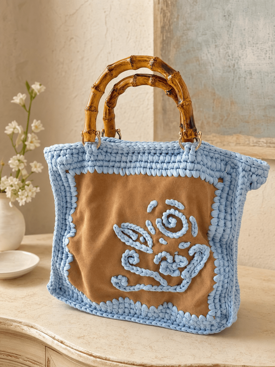 Sky Suede Bamboo Muse — Sky Blue Crochet Tote with Camel Suede Panel - BAGfy